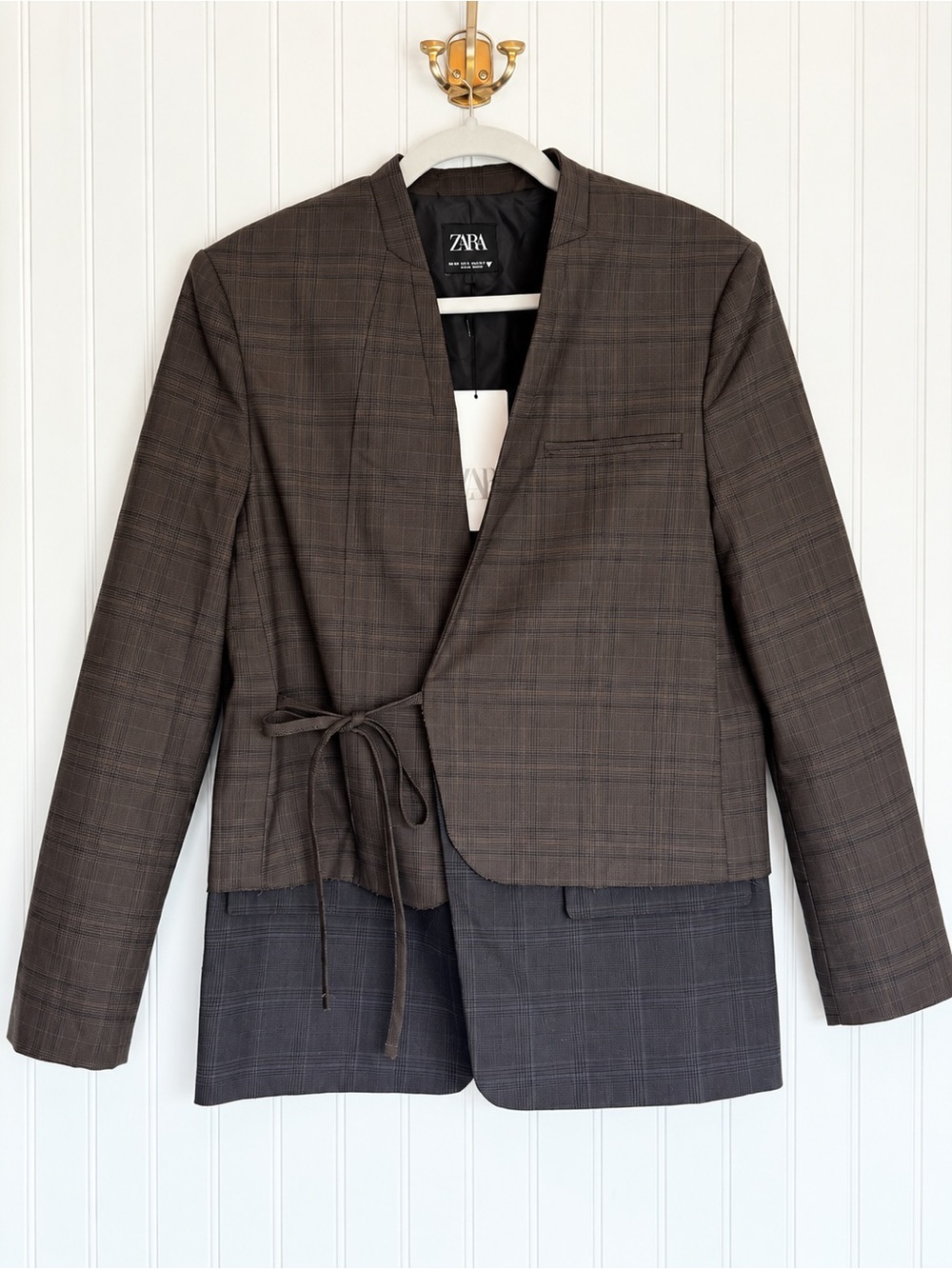 Zara NWT XS Oversized Check Kimono Blazer Brown Plaid Tie Waist $129